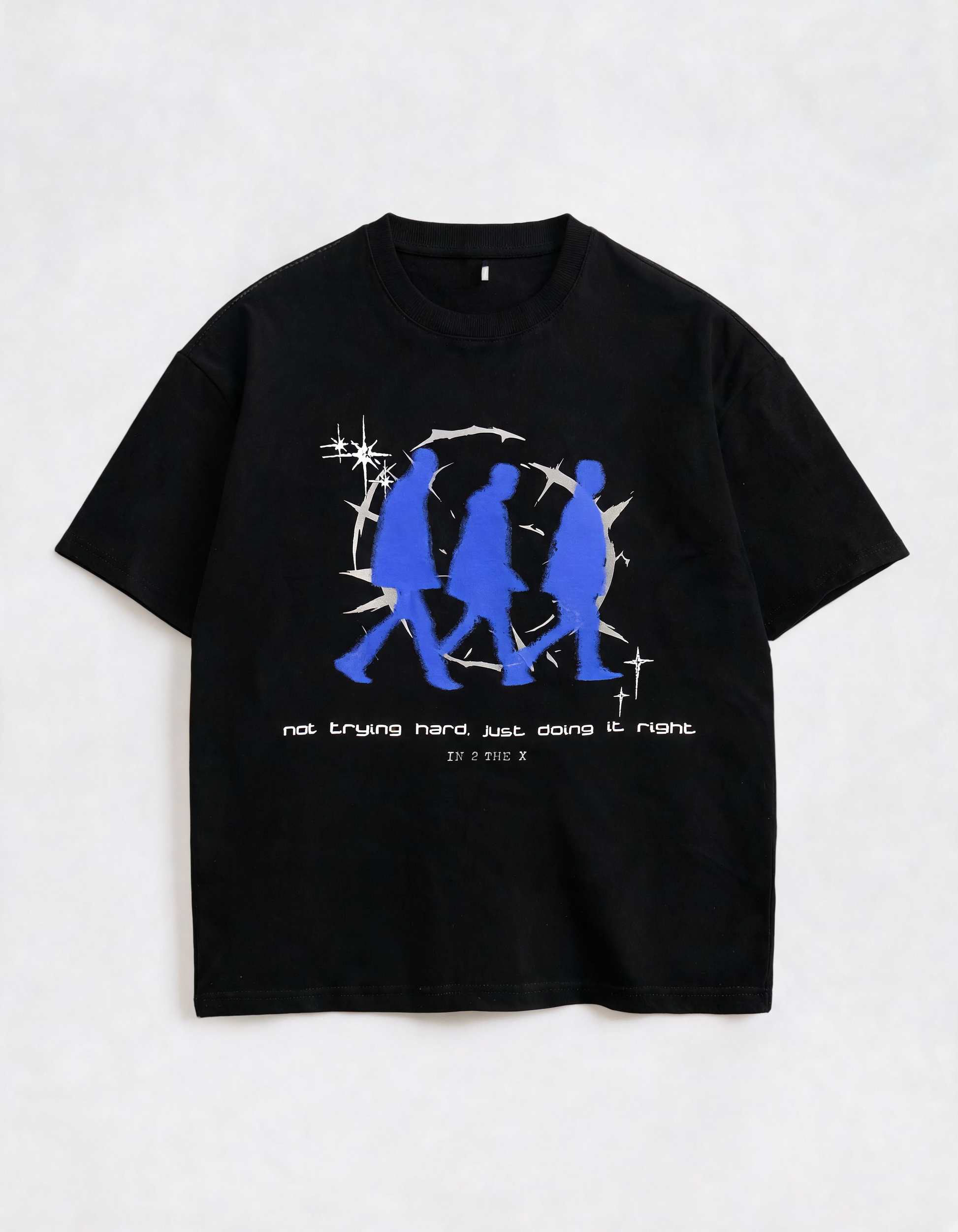 Black t-shirt with blue graphic and text on a light gray background