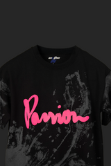 Black t-shirt with pink text and design on a dark background