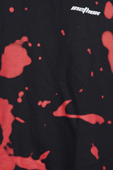 Black shirt with red abstract patterns and 'Mathew' branding.