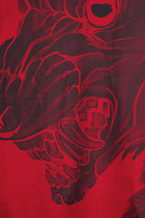 Red and black graphic design of a bear on a red background
