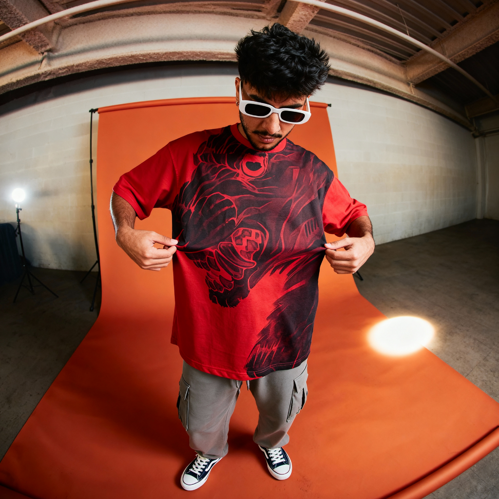 Person wearing a red and black graphic t-shirt on an orange backdrop indoors.