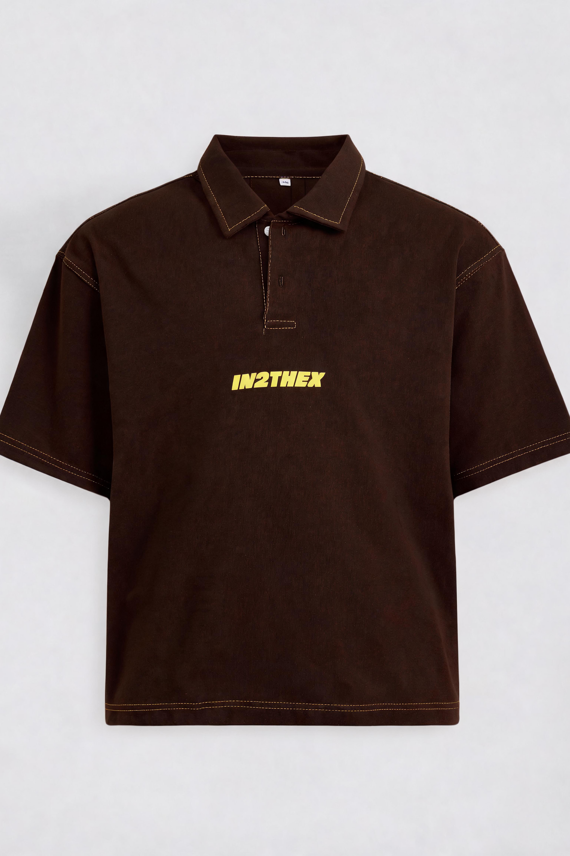 Brown polo shirt with yellow logo on a light gray background