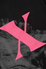 Black tshirt with pink 'X' logo on a dark background