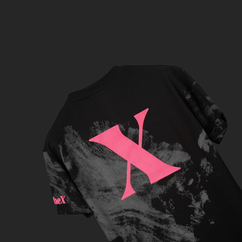Black tshirt with pink 'X' logo on a dark background